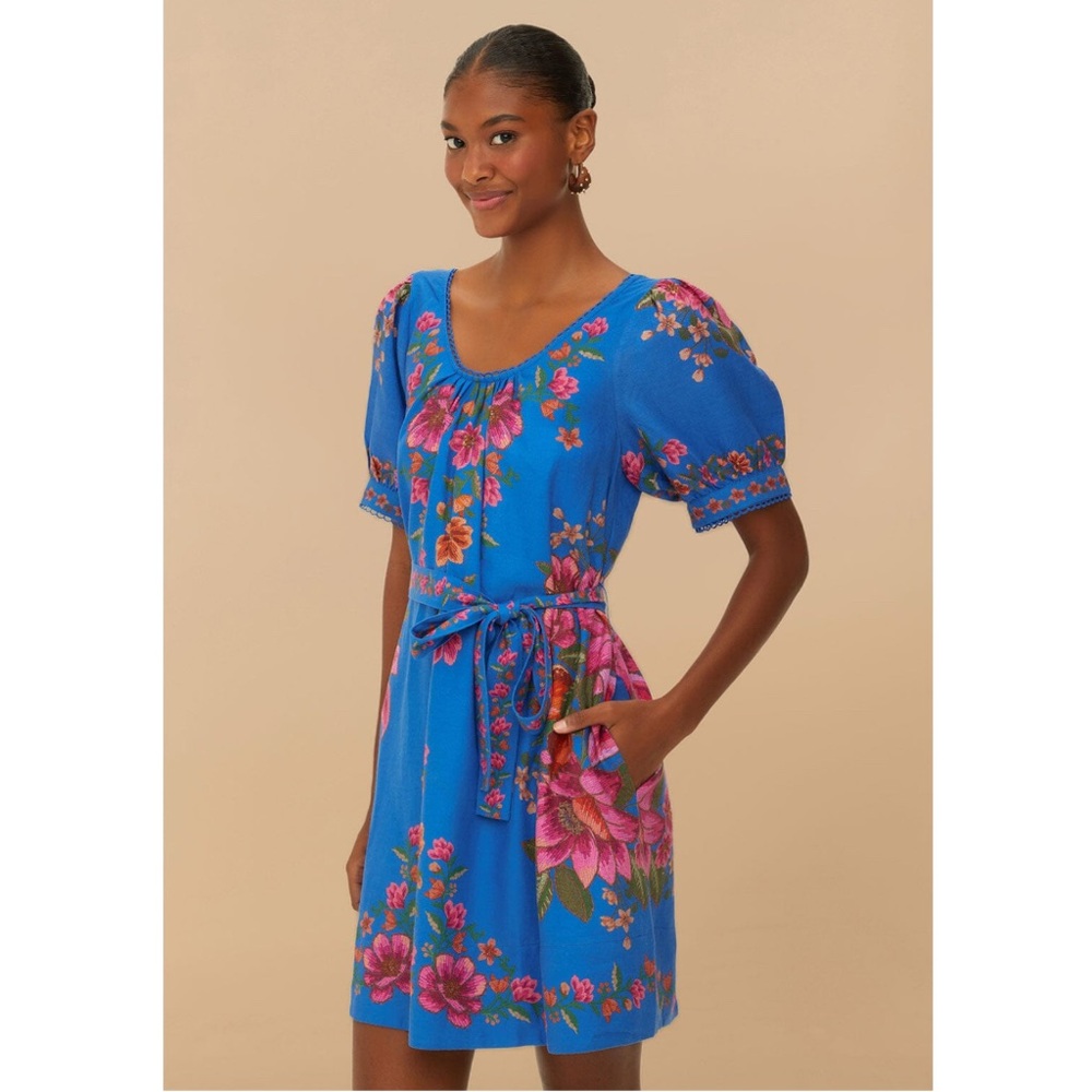 FARM Rio Blue Summer Fruit Scarf Euroflax Premium Linen Mini Dress Size M NWT